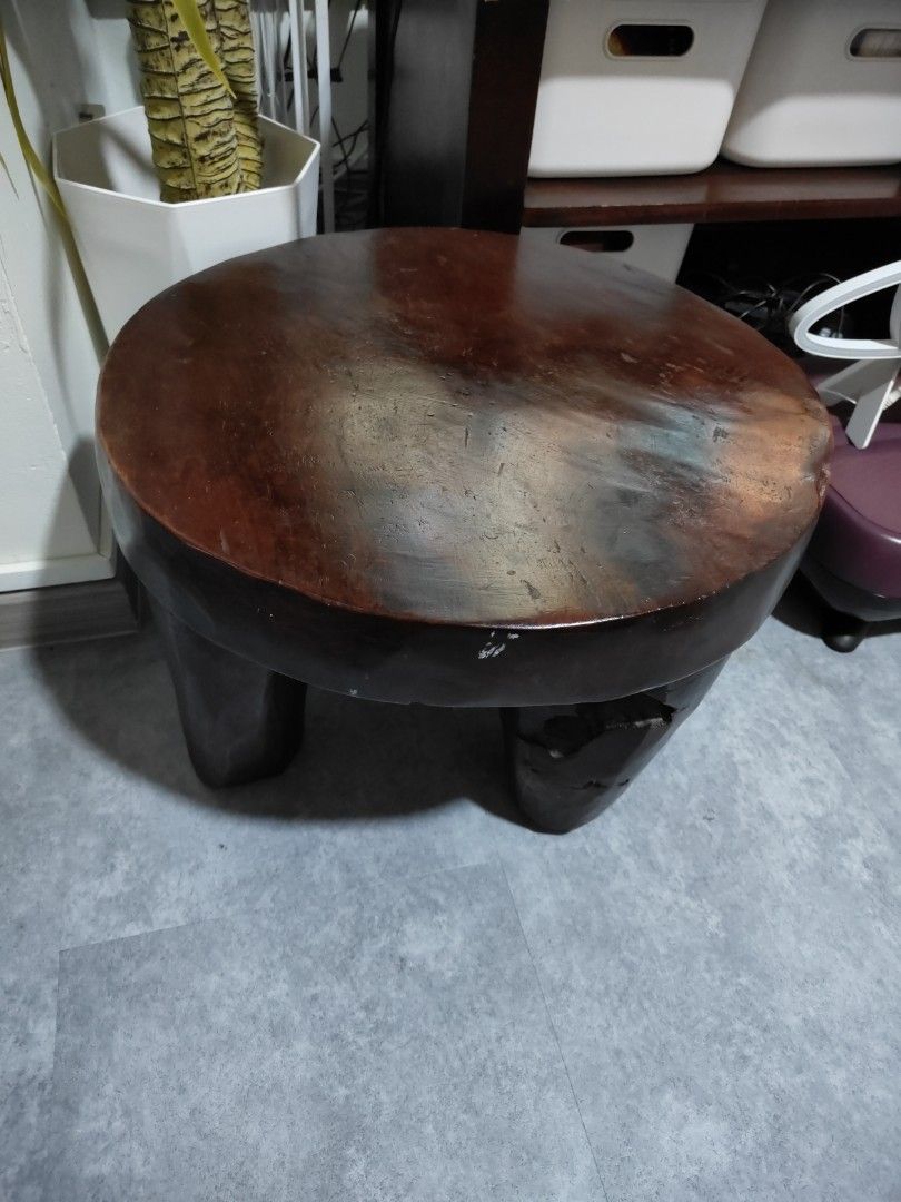 Solid Wood Mini Table (Category: Other Home Furniture) located in Singapore. Submitted by razib69 (Listing ID 1353306875, Image 1). Description: Solid wood carved out whole piece round table. Diameter 48cm X height 28cm. Weight 8kg approximately. Self collect. Arrange own transport & labour. SG 510555, BLK 555 Pasir Ris Street 51.