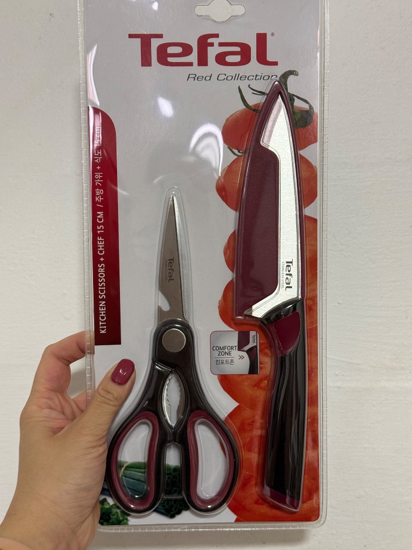 TEFAL CHEF KNIFE 15CM + KITCHEN SCISSORS | RED COLLECTION, Furniture ...
