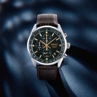 精工 SEIKO CHRONOGRAPH 石英錶 SSB385P1 墨綠色面 金色針 皮帶 10 bar 防水 SSB385-P164203304990722110