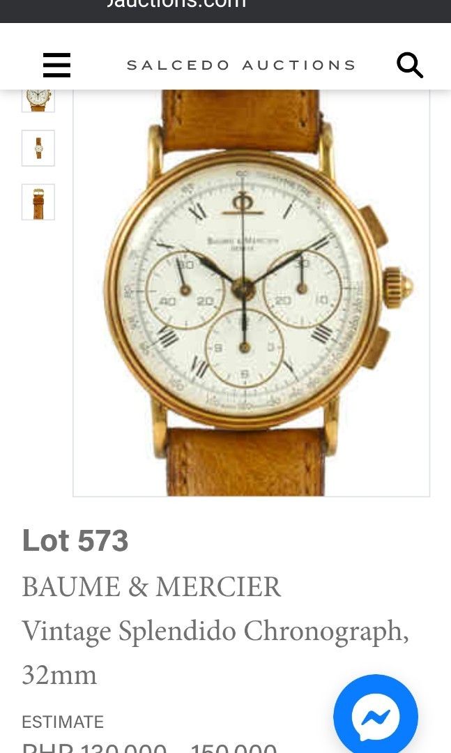 Chronograph Baume et Mercier (Category: Luxury Watches) located in Manila. Submitted by leo.7 (Listing ID 1193095215, Image 3). Description: Excellent condition No marks on the glass or casing. Gender blind, gentleman size, stylish for women 😘 Retro Design Roman numerals on White Dial with Black hands. Chronograph in Yellow 18k Gold Casing 18k Yellow gold Crown and pushers Original Ostrich Strap with yellow gold original buckle. Unisex case 36mm