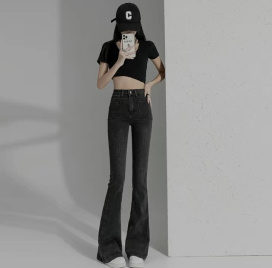 High Waist Flared Pants Denim Jeans (Category: Jeans) located in Cainta. Submitted by selltimentalshop (Listing ID 1353586770, Image 1). Description: Size 30 No issue Color Dark Gray/Black Stretchable .