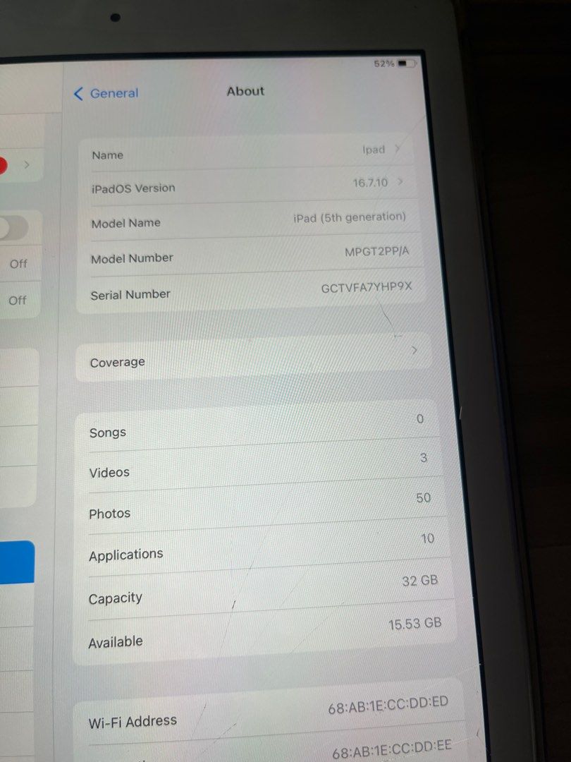 Ipad 5th Gen 32gb (Category: iPad) located in Taguig. Submitted by xanyachan_ (Listing ID 1353456981, Image 3). Description: Pls read description IPAD 5th Gen FOR SALE Storage 32 gb Home button working ✅ Yung basag po sa screen, ung tempered lang. pwede tanggalin na lang No issues po sa functionality PS: BAWAL SA MAARTE with gasgas po see pic nalang Negotiable sa sure buyer RFS: di na po nagagamit Location: taguig/BGC.