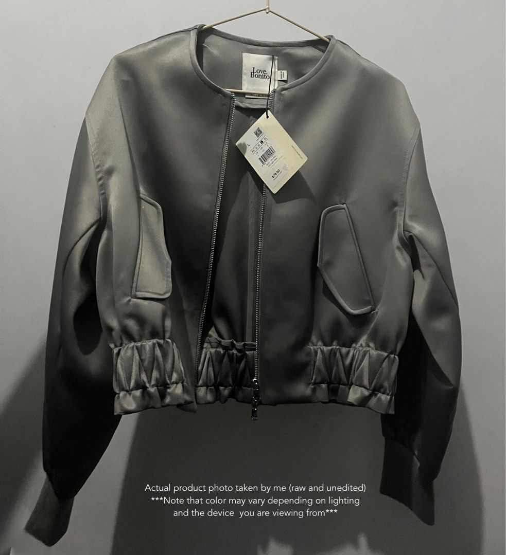 Love Bonito Grey Jacket (Category: Coats, Jackets and Outerwear) located in Mandaluyong City. Submitted by astuff___ (Listing ID 1353546660, Image 1). Description: ✨ Love Bonito Elastic Satin Light Grey Jacket in size Large 🩶 Got it last March 2024 in SG during Eras Tour—never got to use it since then. Still with the tag 🏷️ This color way is sold out in stores and online. Perfect for office/casual wear 🥰 Mop: bpi/maya/gcash 📍: Mandaluyong.