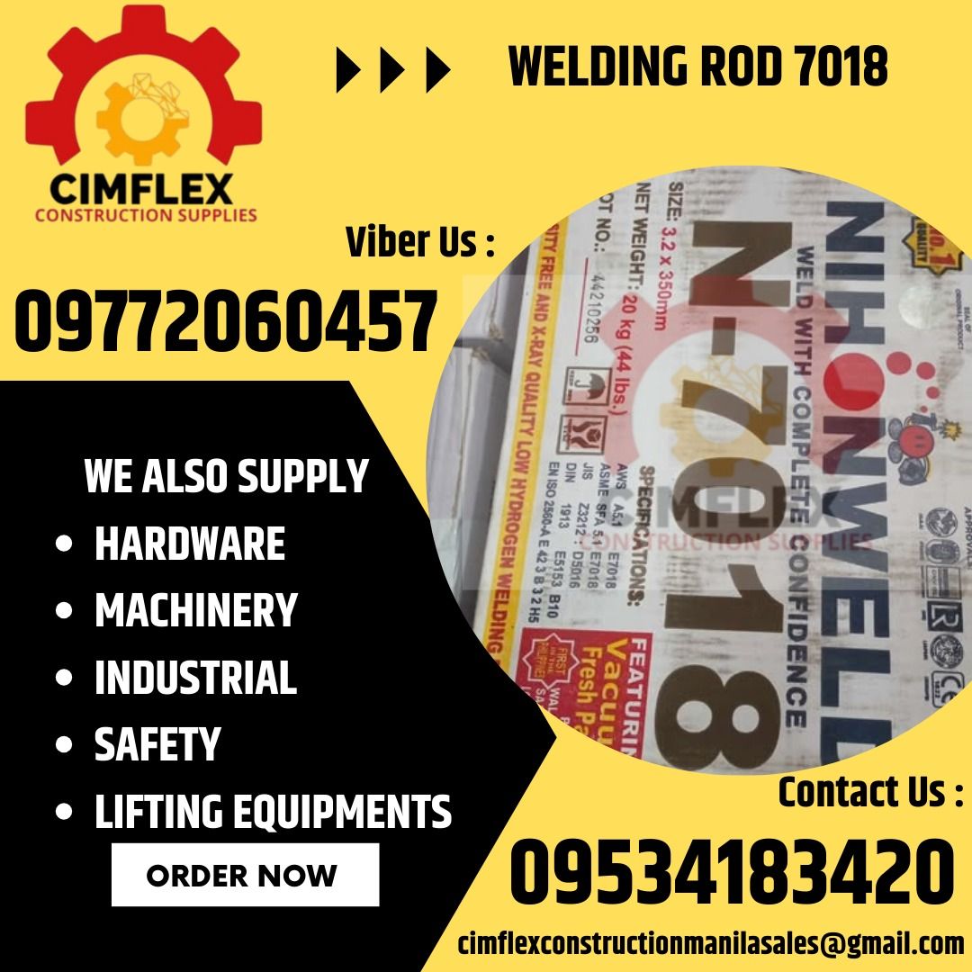 nihonweld welding rod 7018 3.2mm (Category: Industrial Equipment) located in Caloocan City. Submitted by cimflexcon63754 (Listing ID 1353417562, Image 1). Description: nihonweld welding rod 7018 3.2mm = = for more details and inquiry contact us @vber 0977 206 0457 , 0953 418 3420 Look for Anne location: San Nicholas ,Manila .