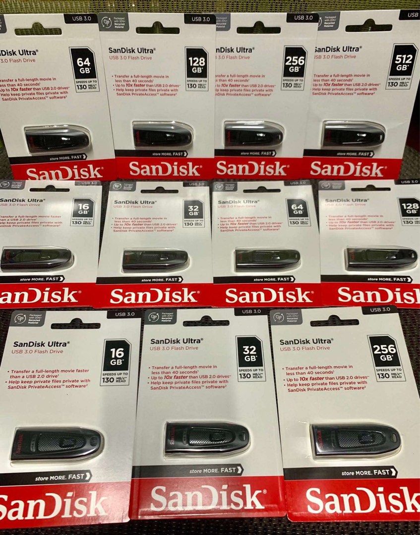 ORIGINAL SANDISK ULTRA USB 3.0 FLASH DRIVE (Category: Hard Disks & Thumbdrives) located in Makati City. Submitted by jc.cuerdo (Listing ID 1353584738, Image 1). Description: ORIGINAL SANDISK ULTRA USB 3.0 FLASH DRIVE ➡️AVAILABLE: 16gb 130 mb/s read 32gb 130 mb/s read 64gb 130 mb/s read 128gb 130 mb/s read 256gb 130 mb/s read 512gb 3.2 gen 1 100 mb/s read ➡️SPECIFICATIONS: Transfer full-length movie in less than 40 seconds. Transfer files up to 10