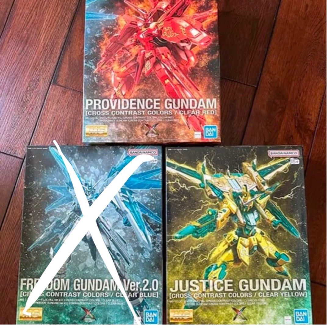 (Set of 2) Gundam seed - 1/100 MG cross colour Justice / Providence (Category: Gundam Model Kits) located in Singapore. Submitted by shinn_authentic_collectibles (Listing ID 1342328579, Image 1). Description: Brand new authentic No nego Bundle deal Last set on hand Self collect Tiong Bahru Q express add $5 .