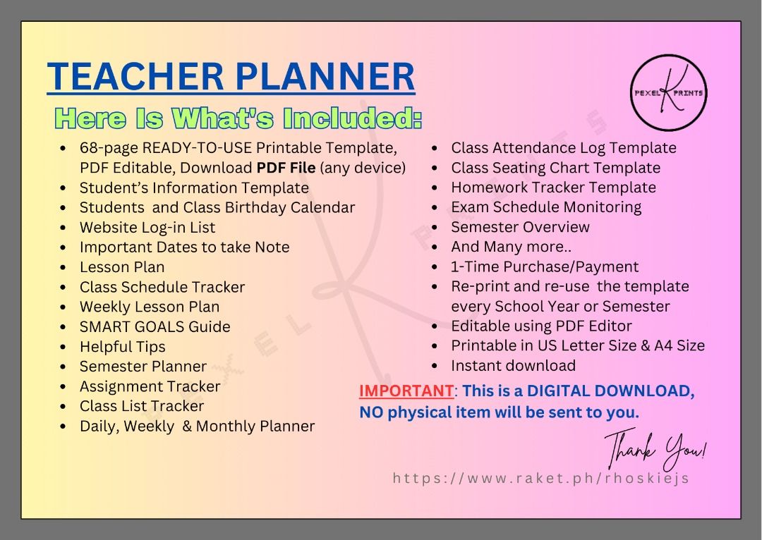 Teacher Planner PDF File ready to Print, Edit and Download, Mobile ...