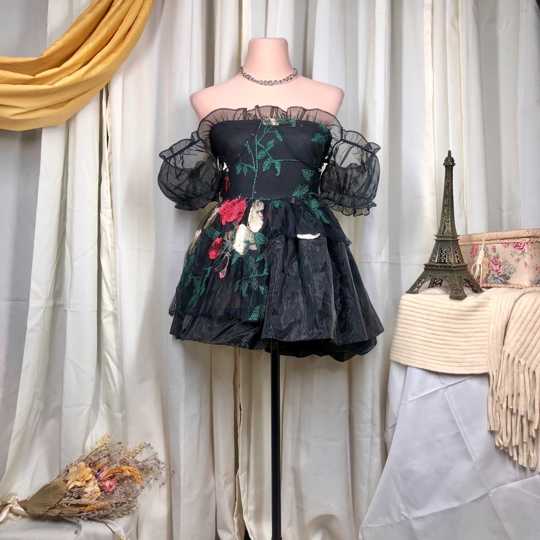 Rose Garden Flounce Mini Dress Black