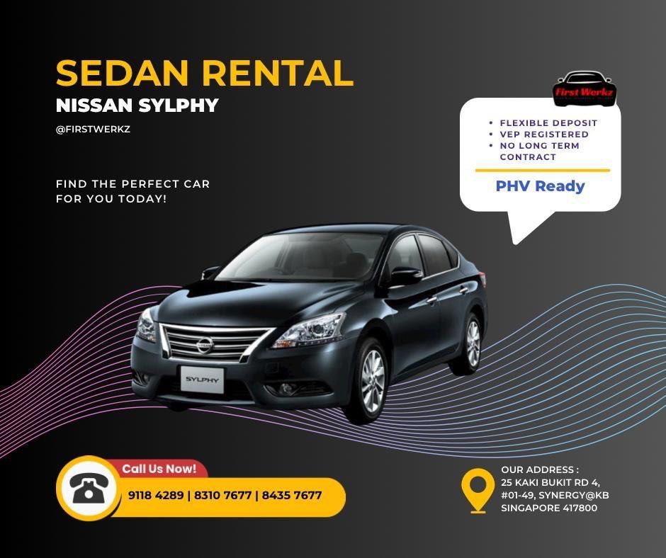Cheap car rental Nissan Sylphy 1.6A (Category: Car Rental) located in Singapore. Submitted by FirstWerkz7677 (Listing ID 1243022969, Image 1). Description: 🚗🚗🚗🚗🚗🚗 ✔️Low Excess ✔️ Long term/ short term ok ✔️ Daily / weekly / monthly ✔️ Unlimited mileage ✔️Entry to Malaysia ✔️ Full coverage of insurance ✔️Reliable Customer Support ✔️In house Workshop For Maintenance & Servicing 📱9118 4289 Iris 📱8435 7677 Quan 📱8310 7677 Eugene.
