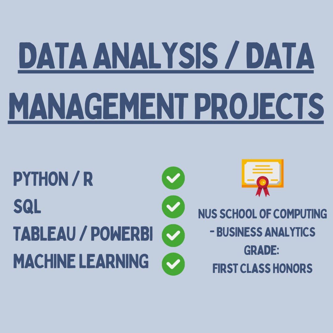 Freelance Data Analytics / Data Management Projects / Assignment help (Category: Everything Else) located in Singapore. Submitted by jhsohh (Listing ID 1353761336, Image 1). Description: Looking for Freelance Data Analysis & Data Management Projects / Tasks / Assignments Hello! I am an undergraduate at the NUS School of Computing, currently pursuing a degree in Business Analytics with a First Class Honours standing. I am looking for freelance opp