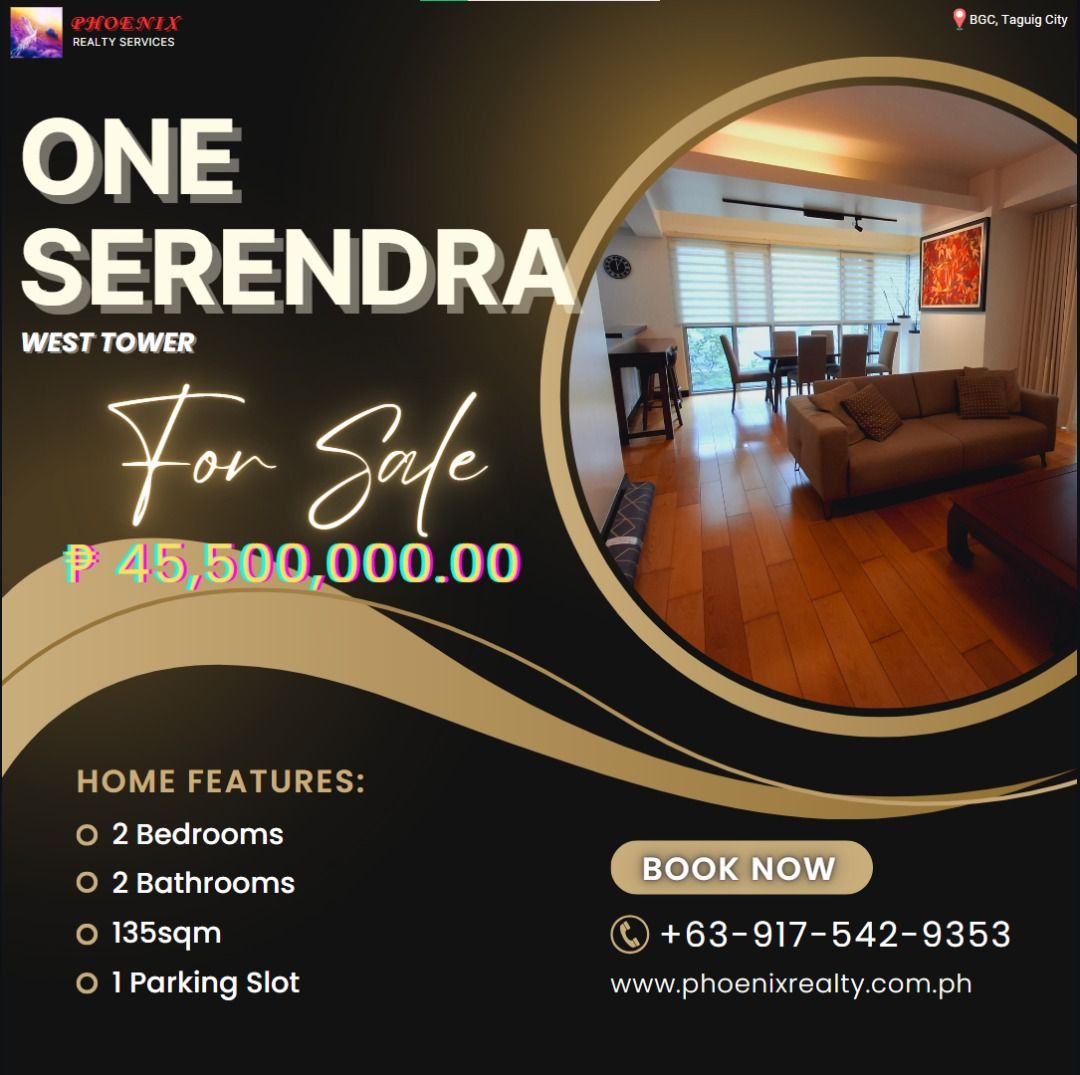 One Serendra West Tower (Category: Apartments & Condos) located in Taguig. Submitted by tesbahil2017 (Listing ID 1353674743, Image 1). Description: - Fully Furnished - Floor Area: 135sqm. - 2 Bedroom - 2 Bathroom - 1 Parking Slot - With Balcony - Located on a low floor - Ready for occupancy - Selling Price is Php45,500,000 Restaurants and other commercial establishments is within walking distance: SM Aura, Serendra Promenade, Bonifacio High stree