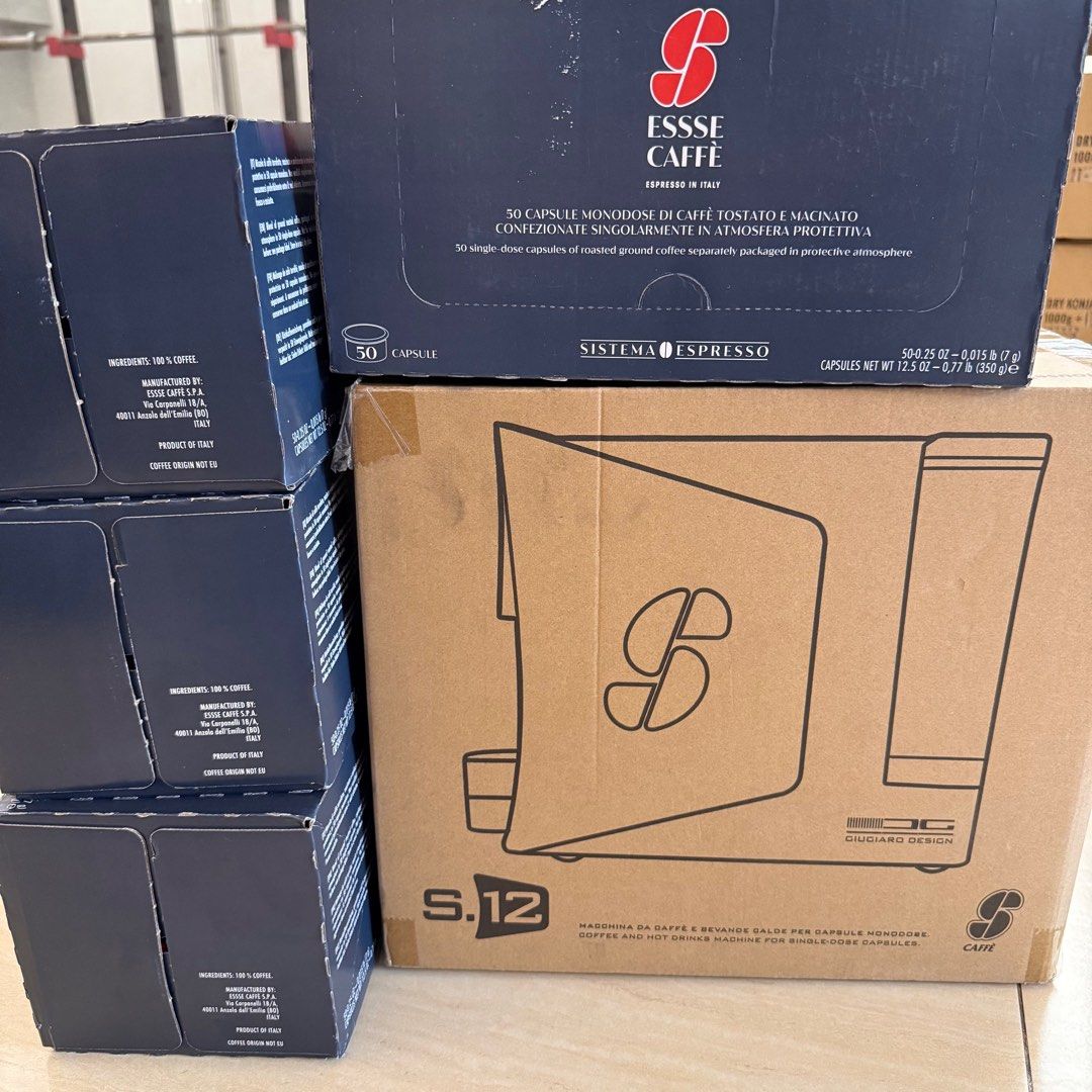 S.12 Sistema Espresso Machine + 200 Coffee Capsules (Category: Coffee Machines & Makers) located in Paranaque City. Submitted by nyerp13 (Listing ID 1353672539, Image 1). Description: Essse Caffe S.12 Sistema Coffee Machine - original price: ₱7999 for espresso machine only and ₱1550 for 50 coffee capsules (TOTAL: ₱14,199) - selling for: ₱9000 only including 200 espresso capsules 🤩 - RFS: matcha drinker now 🤣.