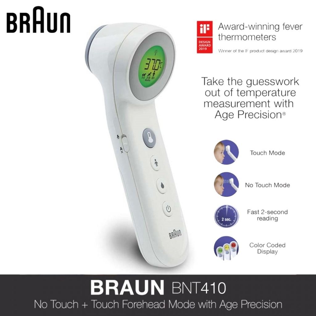 SG Ready Stock]{100% Original }Braun Thermometer BNT-410 No Touch Forehead  Thermometer with Age Precision, Health & Nutrition, Thermometers on  Carousell