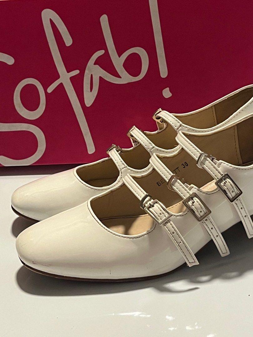 Sofab! Mary Janes in White (Bennett) (Category: Heels) located in Makati City. Submitted by selle__ (Listing ID 1353744128, Image 1). Description: > Size 36 > Bought at a ₱1,499 price > 6 months of usage hence the obvious signs of usage in the 3rd pic > 1.5” heel > Comfortable to walk around with > Makes a VERY cute OOTD > Some of its stains I may be able to clean > MOP: Cash, GCash, Bank Transfer > MOD: JnT, Lalamove, Meet-up .