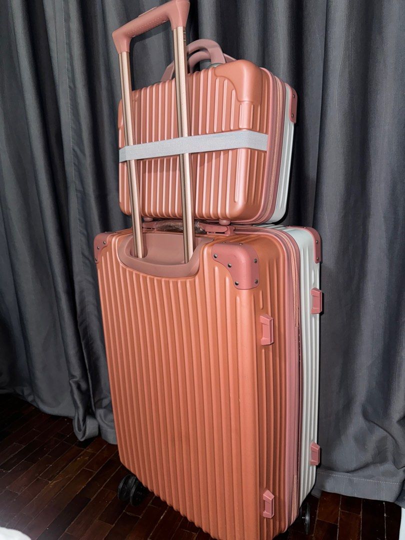 White and rosegold luggage set (Category: Luggage) located in Pasay City. Submitted by iamtrustworthy (Listing ID 1353766087, Image 3). Description: Luggage: Length vertical 21inches Length diagonal 25inches Width 15inches Depth 9 inches Mini luggage: 12L x 9W x 5.5D inches.