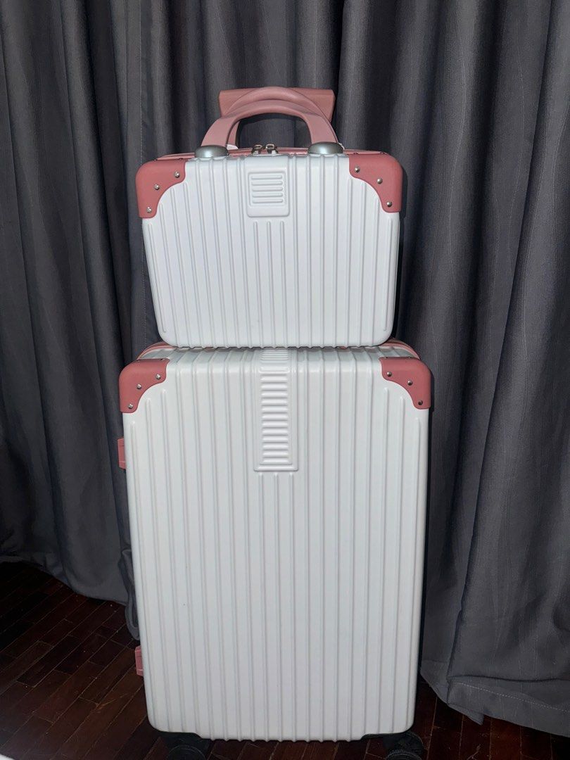 White and rosegold luggage set (Category: Luggage) located in Pasay City. Submitted by iamtrustworthy (Listing ID 1353766087, Image 1). Description: Luggage: Length vertical 21inches Length diagonal 25inches Width 15inches Depth 9 inches Mini luggage: 12L x 9W x 5.5D inches.
