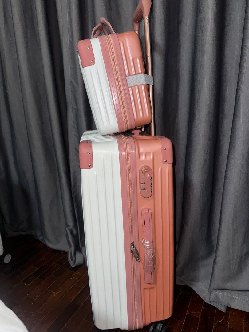 White and rosegold luggage set (Category: Luggage) located in Pasay City. Submitted by iamtrustworthy (Listing ID 1353766087, Image 2). Description: Luggage: Length vertical 21inches Length diagonal 25inches Width 15inches Depth 9 inches Mini luggage: 12L x 9W x 5.5D inches.