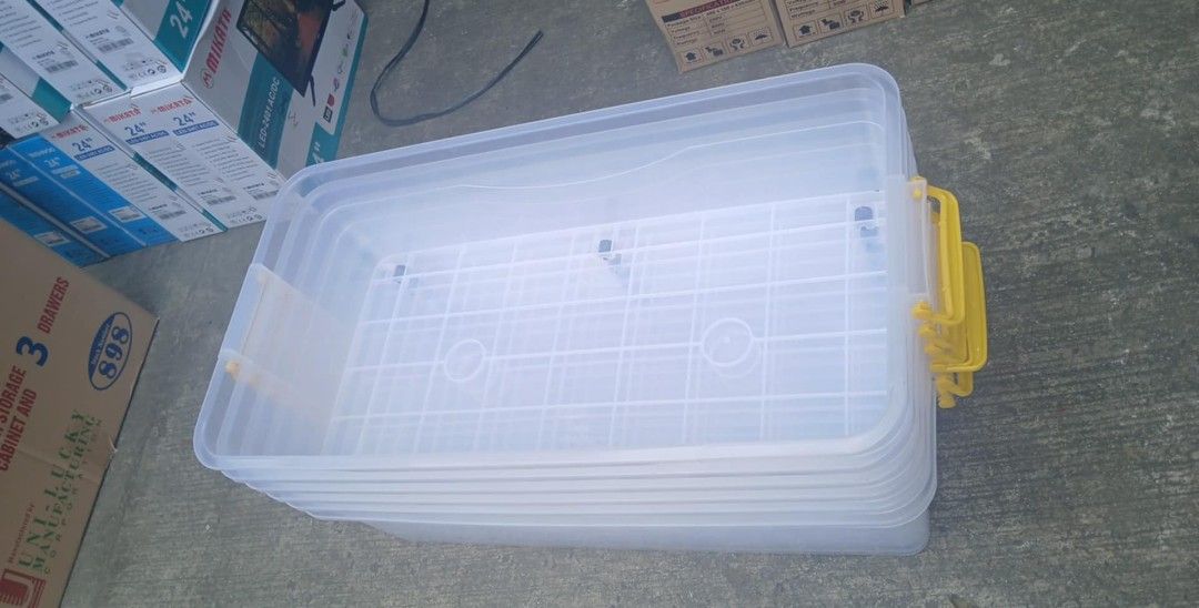 60L under bed storage boxes (Category: Storage Boxes & Baskets) located in Quezon City. Submitted by uno_store (Listing ID 1353874621, Image 2). Description: !! FACTORY OUTLET SALE !! OPEN FOR BULK ORDRES Wholesale/Dealer/Supplier/Retailer -BODEGA SALE- SALE SALE SALE MATIBAY MAKAPAL MAKUNAT 100% Brand New!! PM for orders and deliveries po black sizes 40 liters black 80 liters black 102 liters black 143 liters black 163 liters black unitech brown