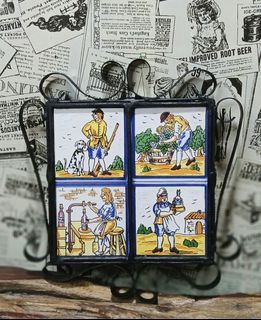 Antique Spanish Faience Tile Pottery Panel in Old Metal Frame
