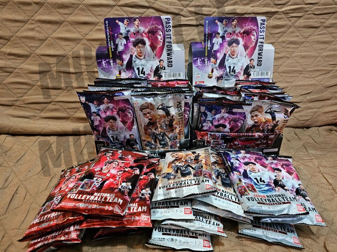 BANDAI Japan National Volleyball Team Twin Wafer (SEALED) (Category: Raw Singles) located in Pasig City. Submitted by mikeville (Listing ID 1353942942, Image 1). Description: BANDAI Japan Men's National Volleyball Team Twin Wafer - Bought in Japan. - Php250 per pack. - Expiry date is 11/2025. - Twin Wafer snack with two chocolate wafers per pack. - Includes one of 36 collectible cards of the Japan Men's National Volleyball Team. - Price is final.