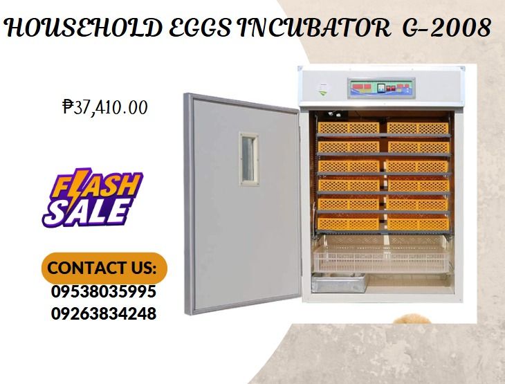 Household Eggs Incubator G-2008 (Category: Everything Else Others) located in Caloocan City. Submitted by acergollem65014 (Listing ID 1353838895, Image 1). Description: 1.Power:100W, rated power:700W. 2.Electric current:2.8V ,Voltage:220/110V 3.Eggs: Chicken 88/,Duck63/Goose32/Pigeon112/Quail 221 4.Egg tray:1row/1layer/1PC Eggs 88PCS 80*60*90cm .
