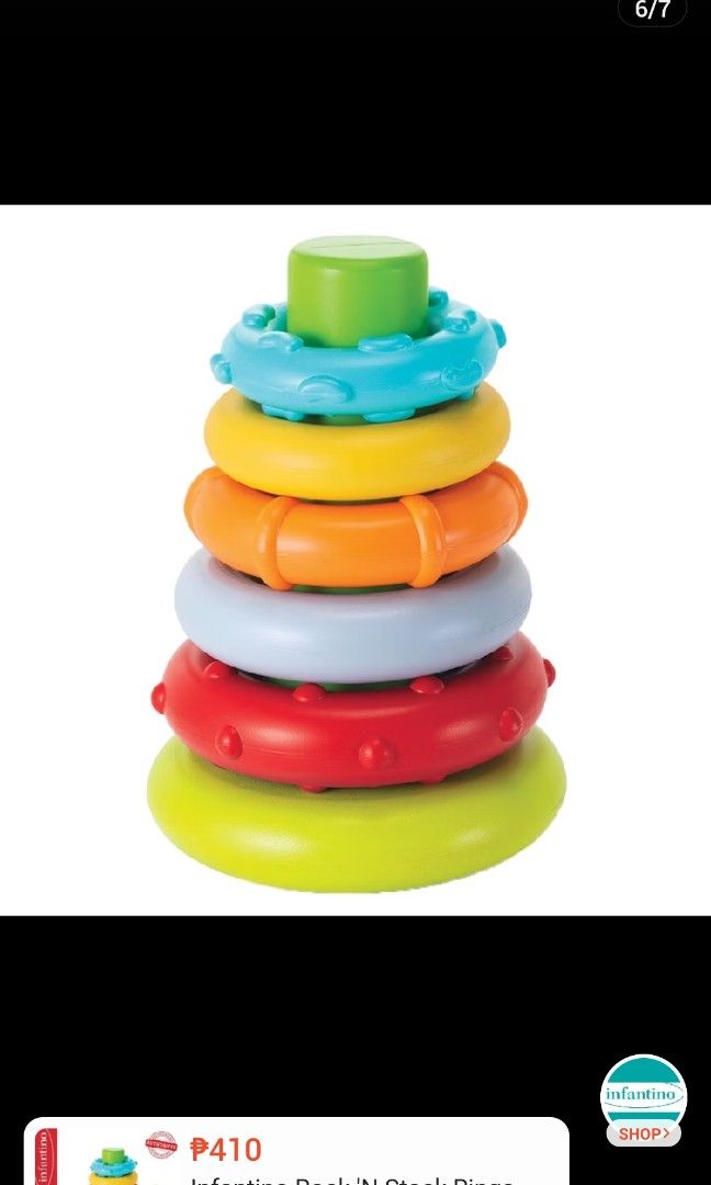 Infantino Stack Rings (Category: Infant Playtime) located in Dasmarinas. Submitted by mrskai (Listing ID 1353875489, Image 1). Description: Sensory Development toy. For 6months old and up. Good condition. Complete stack rings. Rfs: Decluttering toys.