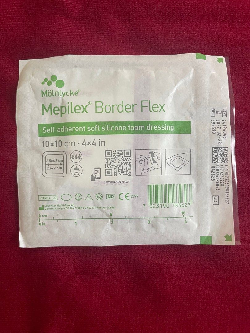 Silicone foam dressing (Category: Medical Supplies & Tools) located in Quezon City. Submitted by phammy (Listing ID 1353831424, Image 1). Description: Mepilex® Border Flex dressings are bordered foam dressings that have five-layers and are designed for a range of medium to heavy draining wounds such as skin tears, minor burns and cuts. Showerproof May be left in place for seven days* Safetac® Technology for gentle dressing changes and removal Sel