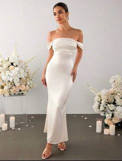 PARTHEA Ruched Satin Off Shoulder Elegant Dress