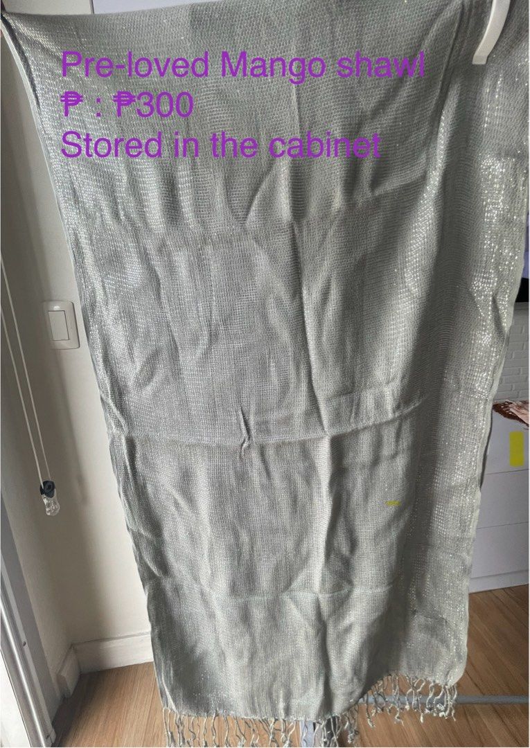 Pre-loved Mango (Category: Scarves) located in Taguig. Submitted by ranunculus2021 (Listing ID 1353902268, Image 1). Description: Preloved shawl Stored in the cabinet SF : to be arranged and shouldered by buyer 📍BGC, Taguig MOP : Gcash/Maya .