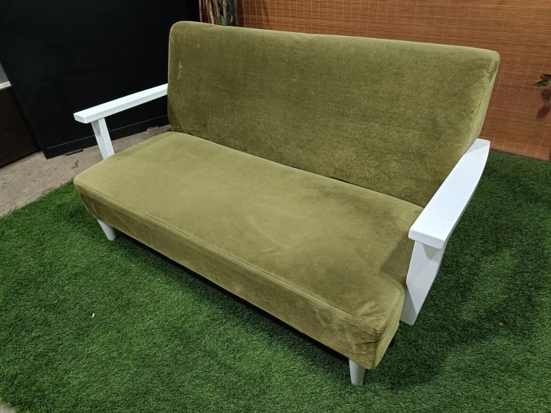 sofa (Category: Sofas) located in Valenzuela. Submitted by jenelyn6 (Listing ID 1353860440, Image 3). Description: Avocado Green Velvet Sofa Solid wood & Soft Fabric Price : 9500 53L x 28W x 14H seat height inches Sandalan height 28 inches In good condition Code HOMEBOSS.