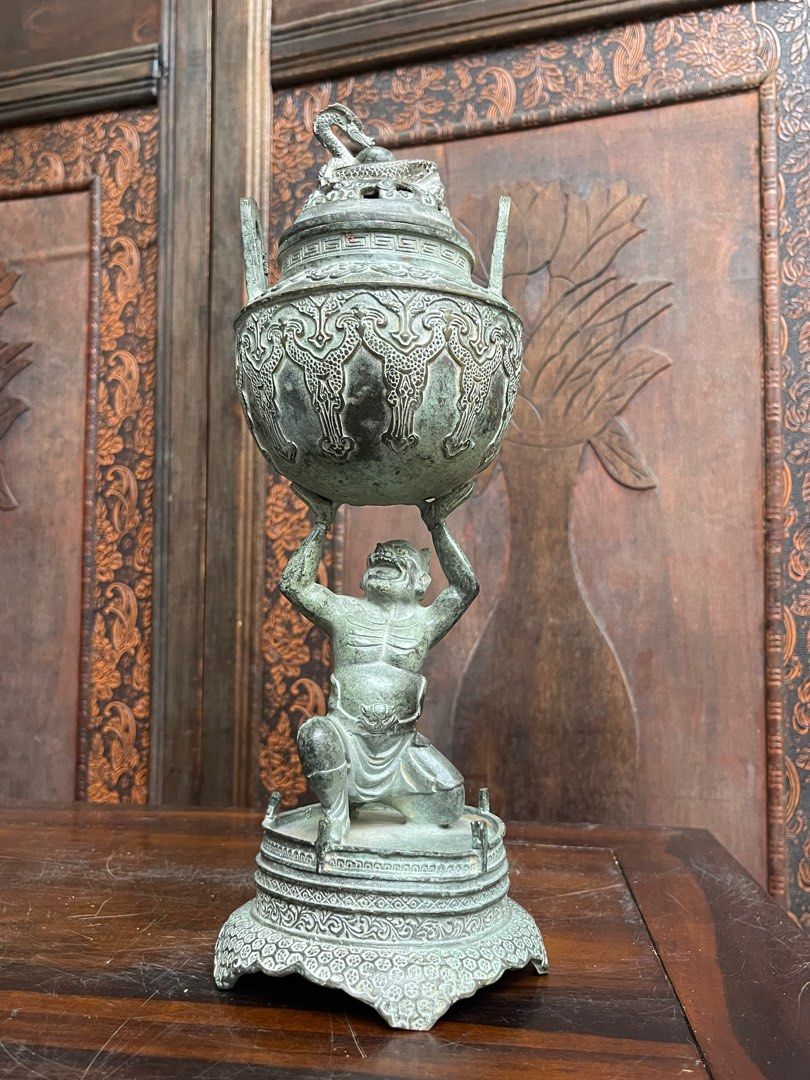 👍 「精品銅雕收藏」老件銅器/青銅爐/ 高腳香爐/神獸香爐/雙耳龍頭香爐/732-68