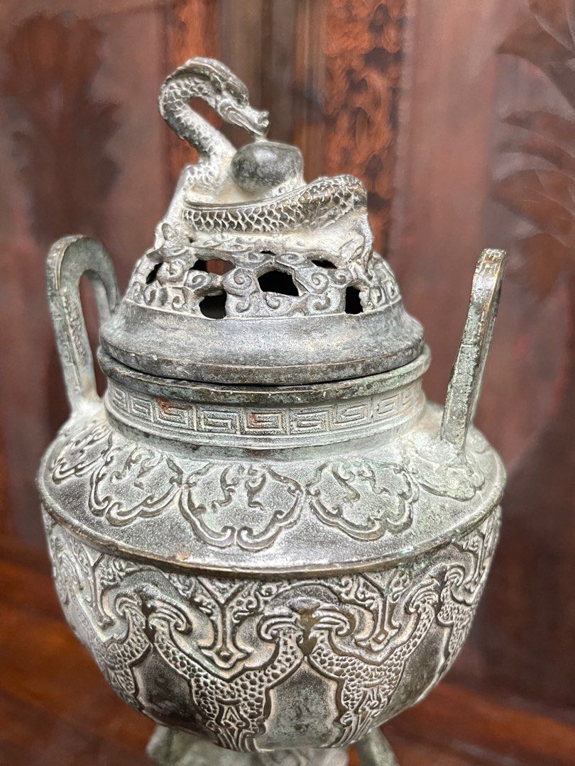 👍 「精品銅雕收藏」老件銅器/青銅爐/ 高腳香爐/神獸香爐/雙耳龍頭香爐/732-68