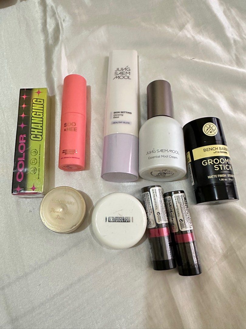Assorted Korean and Japanese Make Up (Category: Makeup) located in General Trias. Submitted by fikabyfahr (Listing ID 1350748418, Image 1). Description: All authentic Green therapy sealed - 80 Revlon lipstick - 500 both Naturactor in 130 shade - 400 Jung Saem Mool Essential Cream - 1k Jung Saem Mool Skin setting glowing base - 1k Canmake poreless airy base - 500 Bench grooming stick - 100 Soo&Mee Peptide Collagen Wrinkle Whitening Multi Balm - 50