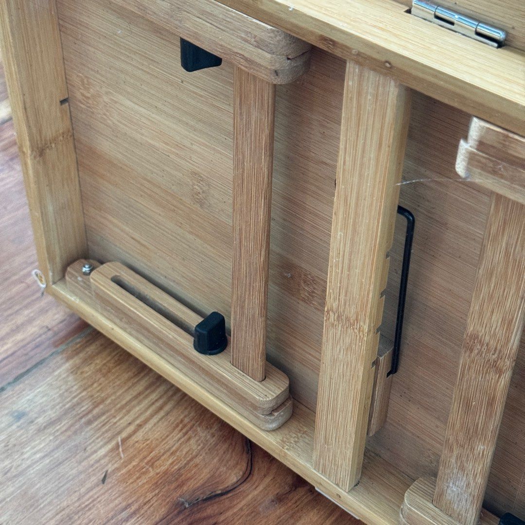 Bamboo Laptop Desk Bed Table (Category: Tables & Sets) located in Muntinlupa City. Submitted by socuteshop (Listing ID 1350795295, Image 3). Description: ✅ perfect for bedside working with laptop ✅ adjustable angle ✅ with drawer About seller: ‼️delivery only, no meet-ups ‼️buyer shoulders sf ‼️based in Muntinlupa ‼️MOP: Gcash, COD (with DP).