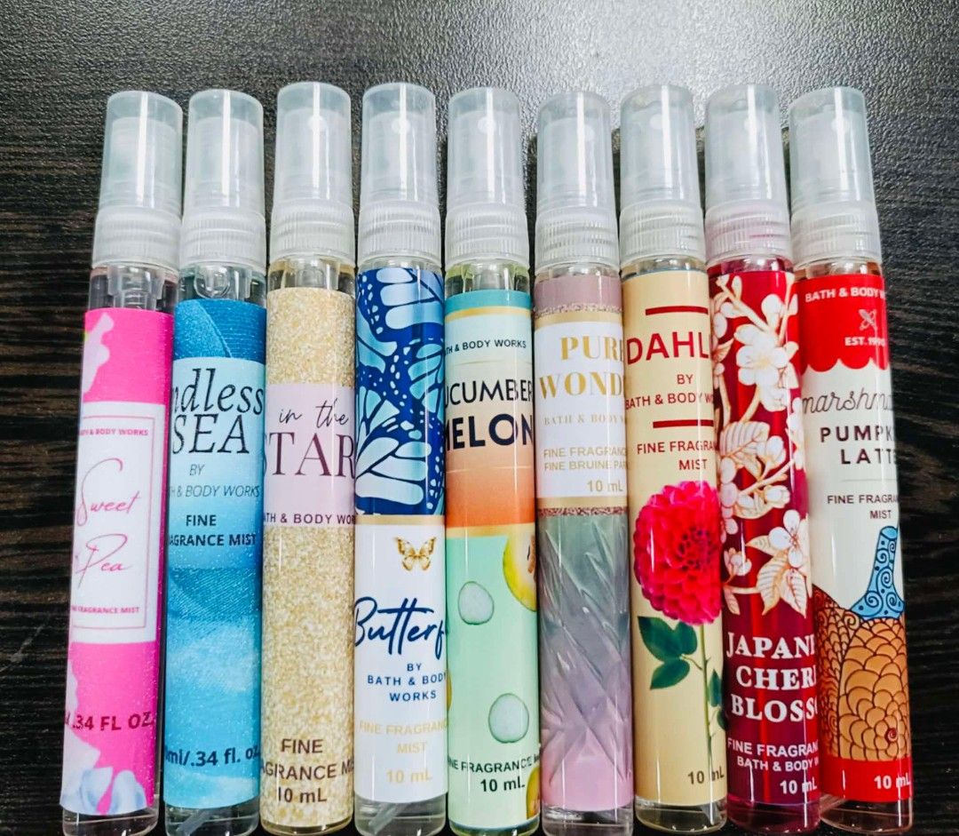BBW 10ml decant (Category: Fragrance & Deodorants) located in Pasig City. Submitted by stuffsnme (Listing ID 1350739013, Image 2). Description: Bath & Body Works in 10ml decant Extracted from Original bottle of BBW RETAIL : P65 RESELLER : 55 (min of 6) 50 (10 bottles up).
