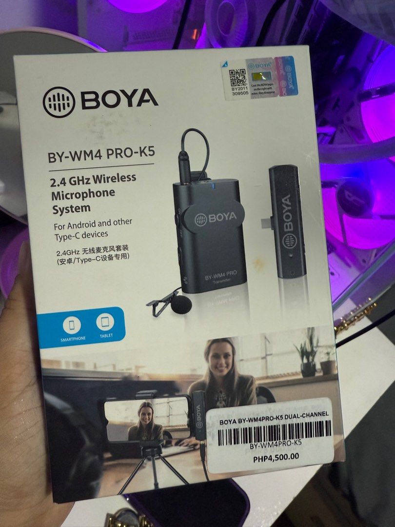Boya BY-WM4 PRO-K5 2.4 GHz Wireless Microphone (Category: Microphones) located in General Trias. Submitted by dine1011 (Listing ID 1350794437, Image 1). Description: Brand new never been used BOYA BY-WM4 PRO-K5 2.4 GHz Wireless Microphone System For Android and other Type-C devices From 4,500 php to 750 php only.