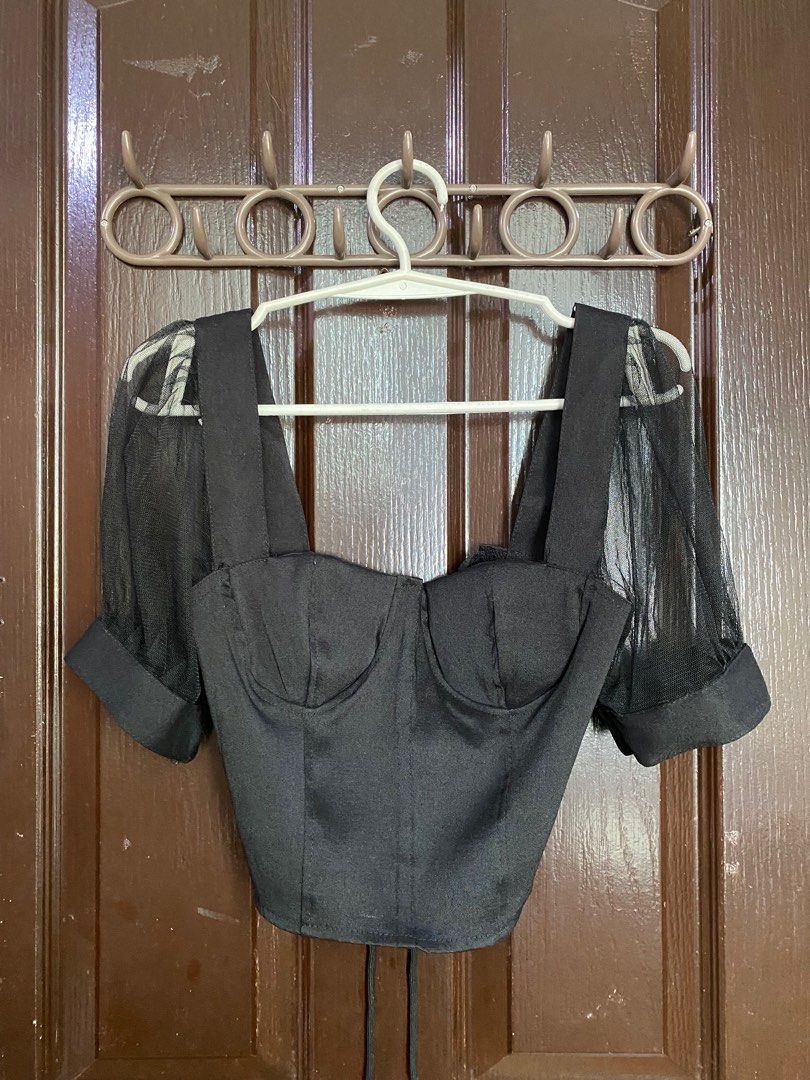 Bundle Crop Tops (Category: Blouses) located in Manila. Submitted by pinpoints (Listing ID 1350734685, Image 1). Description: Black corset xs but can be adjusted (ribbon tie at the back Beige spaghetti strap xs.