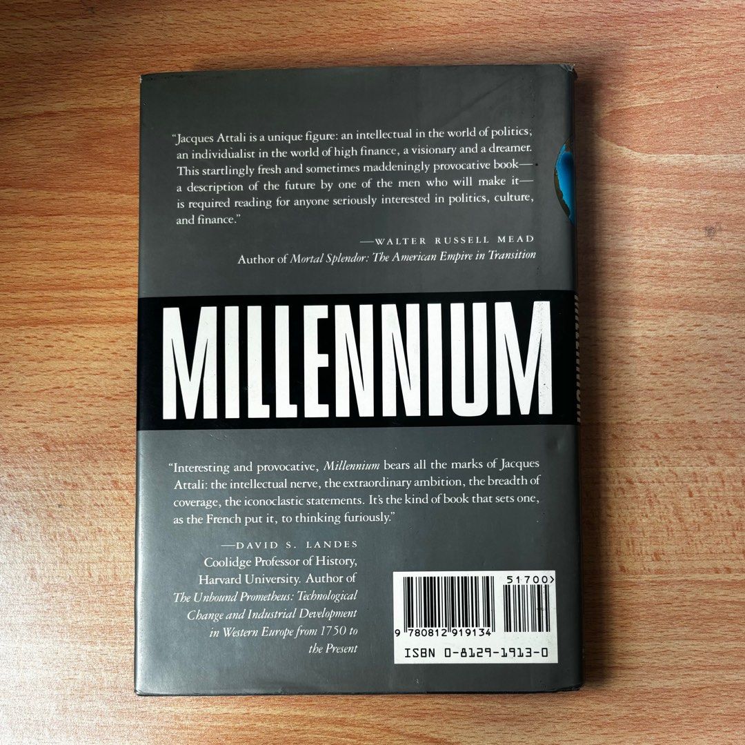 *Millenium* (Category: Storybooks) located in Singapore. Submitted by bookdrop_sg (Listing ID 1350794693, Image 2). Description: author: jacques attali synopsis: A look at the future world order forecasts a dramatic reordering of geopolitical and economic forces, high-tech economies, and a world of privileged elites surrounded by a vast array of impoverished nomads. The president of the new European Bank of Reconstruction and Development predicts