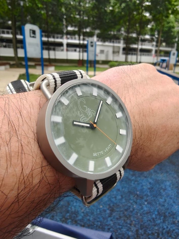 Sette Venti Automatic (Category: Men's Watches) located in Singapore. Submitted by sonuva (Listing ID 1350751950, Image 2). Description: Got this watch from Spring Sprang Sprung 2023. Impulse buy. Selling as it's not getting wrist time (prefer less chunky watch). Leather strap is unused. Watch paired with Nato strap. Only wore to office couple of times. For some reason, the sides seem foggy (see picture). Back looks dirty from picture due to stic