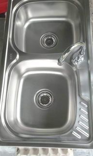 STAINLESS KITCHEN SINK WITH DOUBLE TUB COMPLETE SET WITH FAUCET AND FITTINGS