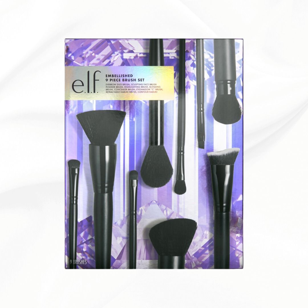 ELF Embellished 9-Piece Brush Set (Category: Makeup) located in Manila. Submitted by juanashopbies_ph (Listing ID 1353993201, Image 1). Description: ELF Embellished 9-Piece Brush Set What is it: A limited-edition holiday set of 9 must-have makeup brushes for applying, blending, and contouring your face and eye looks to perfection. Why you'll love it: - Professional-quality collection of 9 face and eye brushes - Can be used with powder, cream, and