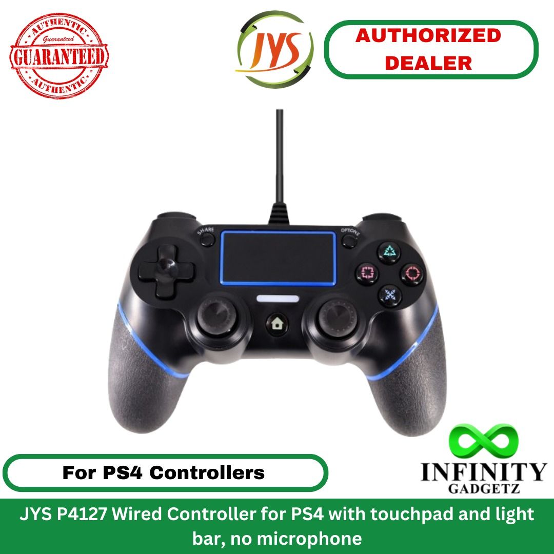 JYS P4127 Wired Controller for PS4 with touchpad and light bar, no microphone (Category: Controllers) located in Manila. Submitted by infinitygadgetzph (Listing ID 1354066629, Image 1). Description: -Authentic JYS Playstation Accessories -Sealed and Brand New -High Quality Compatible for: PS4 Console SPECIFICATIONS & FEATURES: -Model: JYS-P4127 -Connected with PS4 console via USB cable -Equipped with 6-axis sensor which is composed by 3D accelera