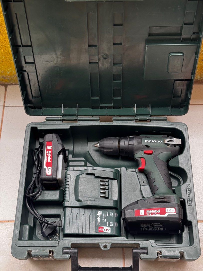 Metabo Cordless Drill SB18 Set (Category: Construction Tools & Equipment) located in Talisay. Submitted by kim_rey (Listing ID 1354100897, Image 1). Description: Metabo Cordless Drill 18V (SET) SB18 Set Specifications: ▪️Battery voltage: 18 V ▪️Maximum torque – soft: 24 Nm / 212 in-lbs ▪️▪️Maximum torque, hard: 48 Nm / 425 in-lbs ▪️Drill-Ø masonry: 10 mm / 3/8 “ ▪️Drill Ø steel: 10 mm / 3/8 “ ▪️Drill-Ø soft wood: 20 mm / 3/4 “ ▪️No-load speed: 0 
