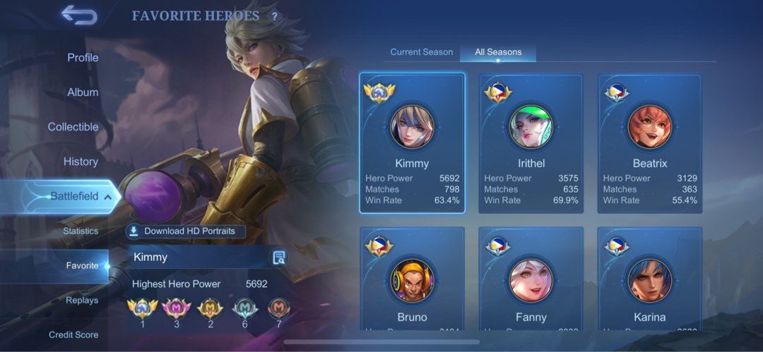 Mobile Legends Account For Sale! (Category: Others) located in Manila. Submitted by moonbagel (Listing ID 1354087736, Image 2). Description: 3 Limited Skins, All worth well over 1.5k. Harith Skin costed 2k+ Highest Rank: 103 Stars Former Global Kimmy .