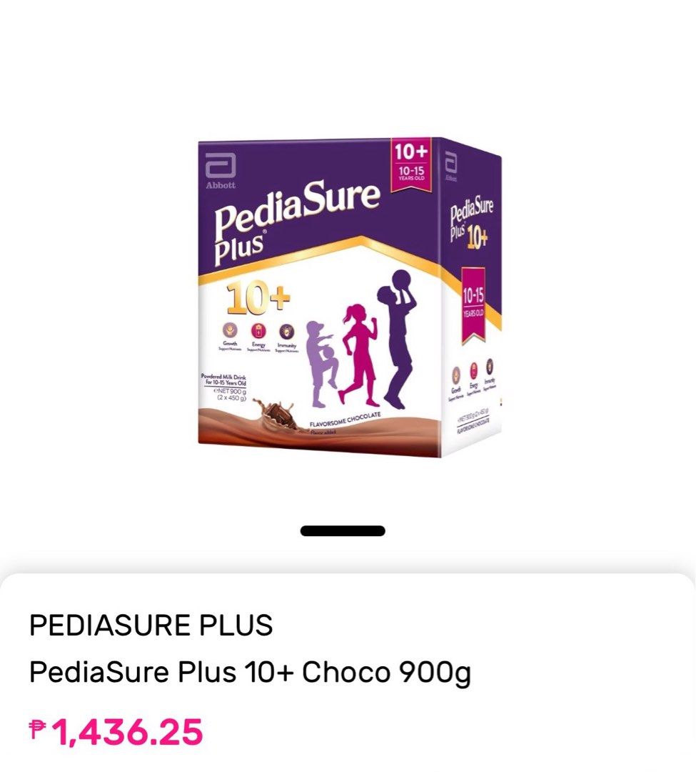 Pediasure 10+ chocolate 900g (Category: Breastfeeding & Bottle Feeding) located in Marikina City. Submitted by ashley_closet (Listing ID 1152947155, Image 1). Description: Sale pediasure .