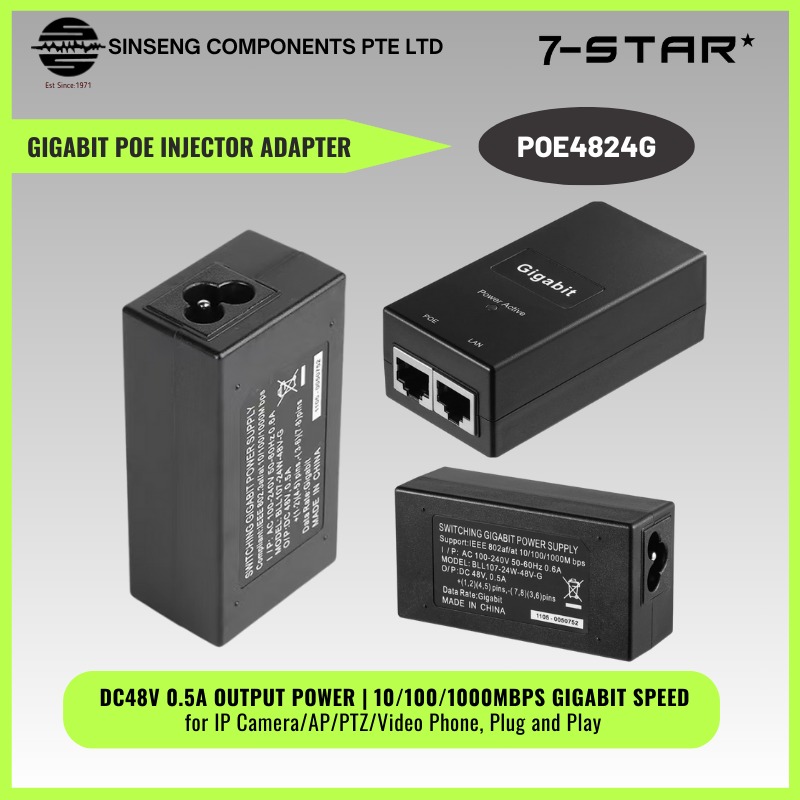 7-STAR* 48V 24W Gigabit PoE Injector Adapter for IP Camera/AP/PTZ/Video ...