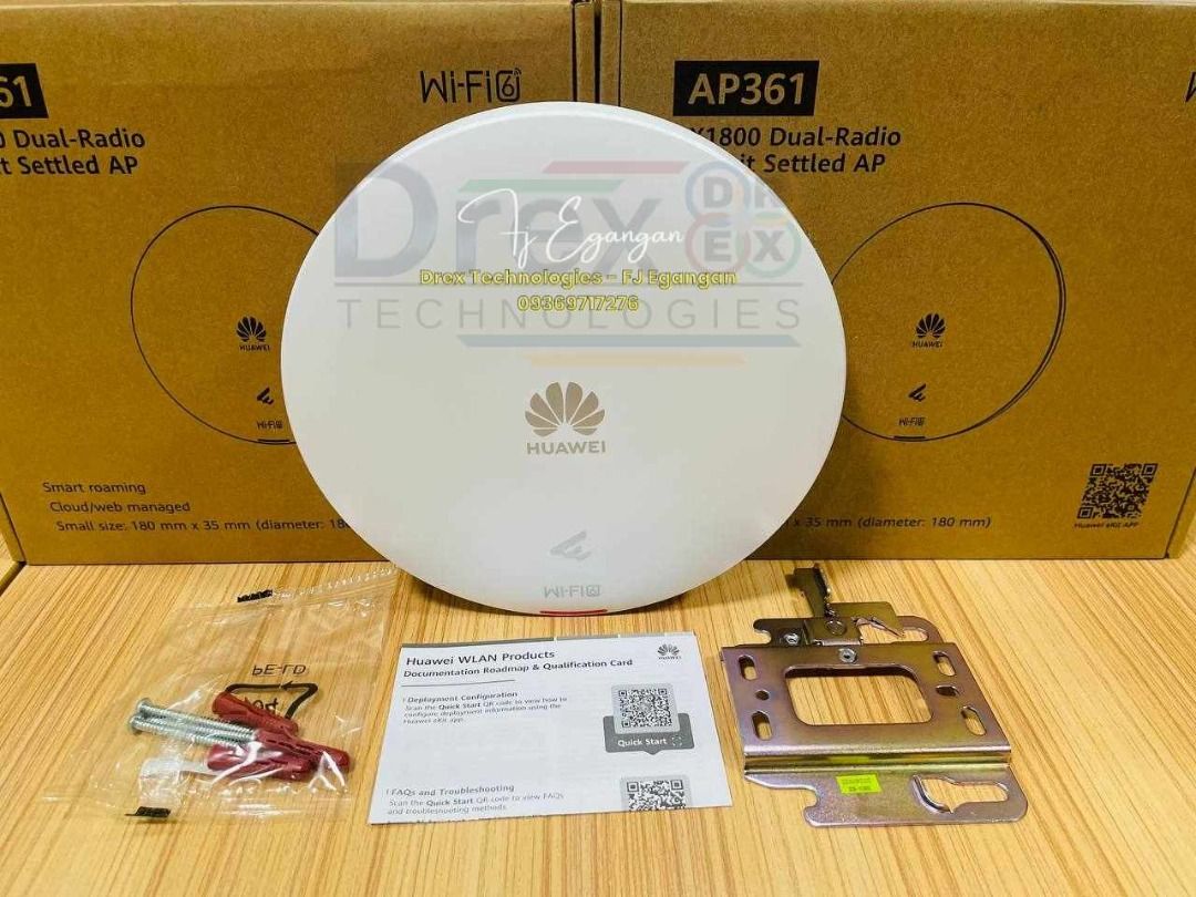 HUAWEI EKIT Engine for easier and smarter SME Network (Category: Networking) located in Pasig City. Submitted by fjEgangan (Listing ID 1354246589, Image 2). Description: HUAWEI EKIT Engine for easier and smarter SME Network ✅️ Huawei Ekit AP361 Wi-Fi 6, AX1800 Indoor access point. 2.4 GHz (2x2 MIMO) and 5 GHz (2x2 MIMO). Maximum device rate of 575 Mbps and 1.2 Gbps. Built-in smart antenna ✅️ Huawei Ekit AP362E Wi-Fi 6, AX3000 Indoor access point;
