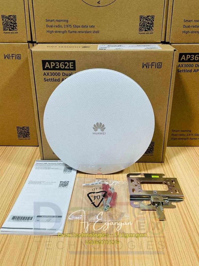 HUAWEI EKIT Engine for easier and smarter SME Network (Category: Networking) located in Pasig City. Submitted by fjEgangan (Listing ID 1354246589, Image 1). Description: HUAWEI EKIT Engine for easier and smarter SME Network ✅️ Huawei Ekit AP361 Wi-Fi 6, AX1800 Indoor access point. 2.4 GHz (2x2 MIMO) and 5 GHz (2x2 MIMO). Maximum device rate of 575 Mbps and 1.2 Gbps. Built-in smart antenna ✅️ Huawei Ekit AP362E Wi-Fi 6, AX3000 Indoor access point;