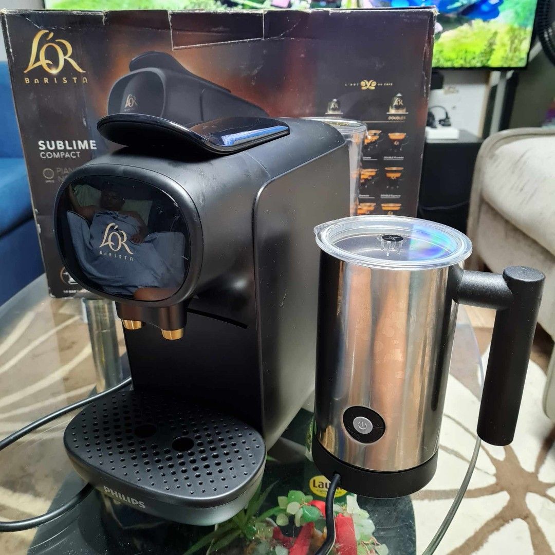 Philips L'or barista sublime compact (Category: Coffee Machines & Makers) located in Rizal. Submitted by joan5505 (Listing ID 1354324523, Image 1). Description: Philips L'or barista sublime compact Coffee system 19 Bar Auto capsule size recognition Volume personalization Fast heat up Unit , box, manual and Free automatic milk frother 5,500.