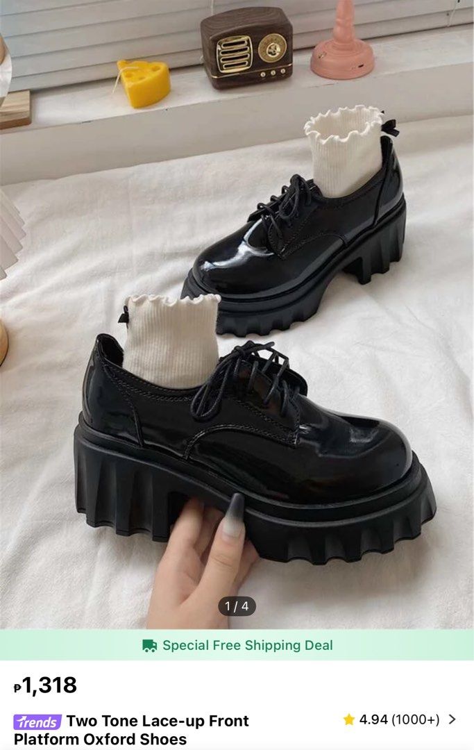 two tone lace-up front platform oxford shoes (Category: Wedges) located in Arayat. Submitted by baragis (Listing ID 1354313671, Image 1). Description: used only once, in vv good condition very comfy during concert esp standing bought for 1.3k size: cn 35 heels: 6cm /2.4 inch mop: gcash maya mod: jnt.